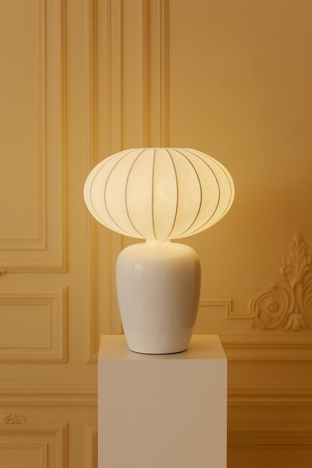 Designer table lamp with handcrafted ceramic base in modern bedroom interior