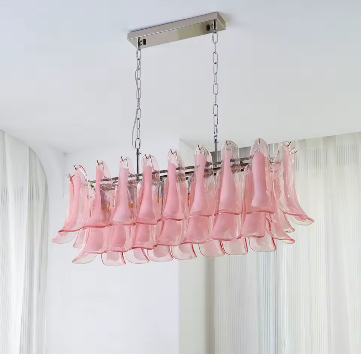 Italian murano chandelier with rectangular form and soft pink lighting