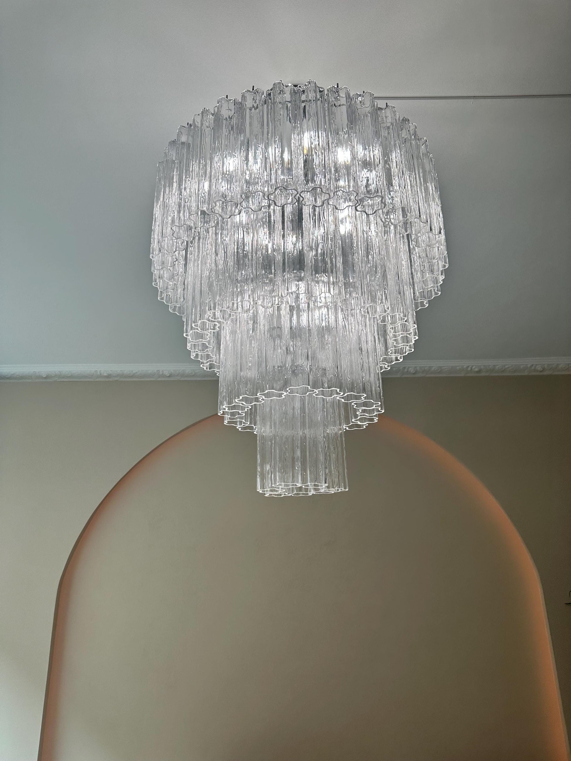 Italian glass lamp with multiple hand-blown elements in minimalist interior