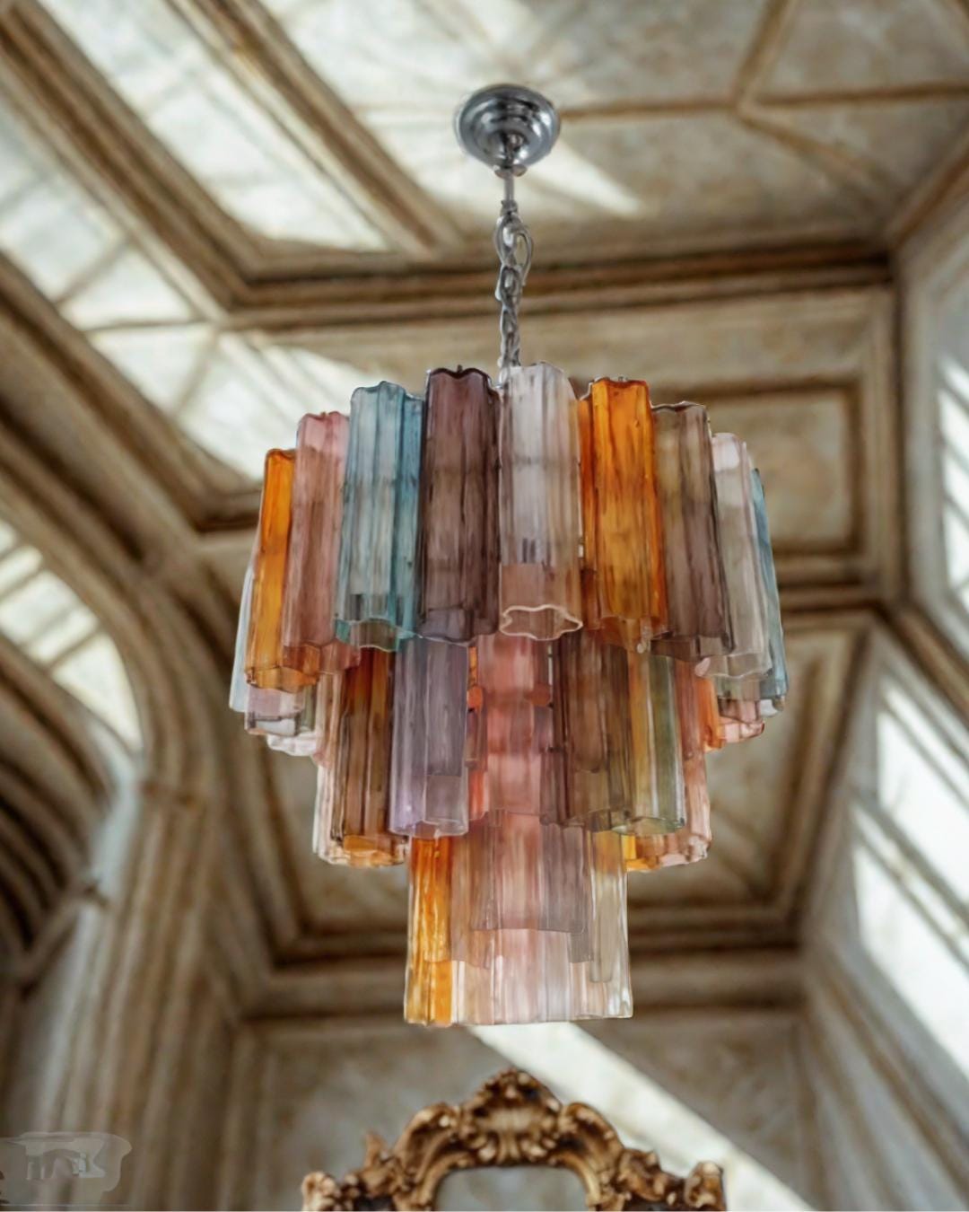 Close-up detail of vibrant multicolor murrine glass patterns on Italian table lamp