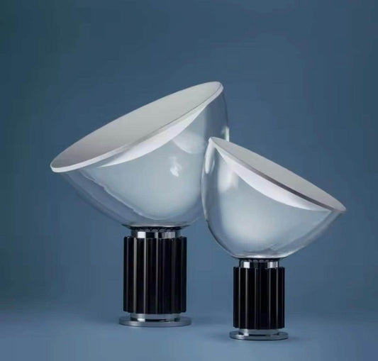 Taccia mid century table lamp with black mushroom reflector in bedroom