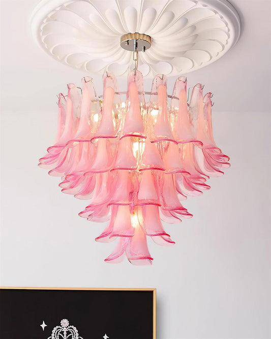 Pink murano chandelier with cascading glass prisms in elegant dining room