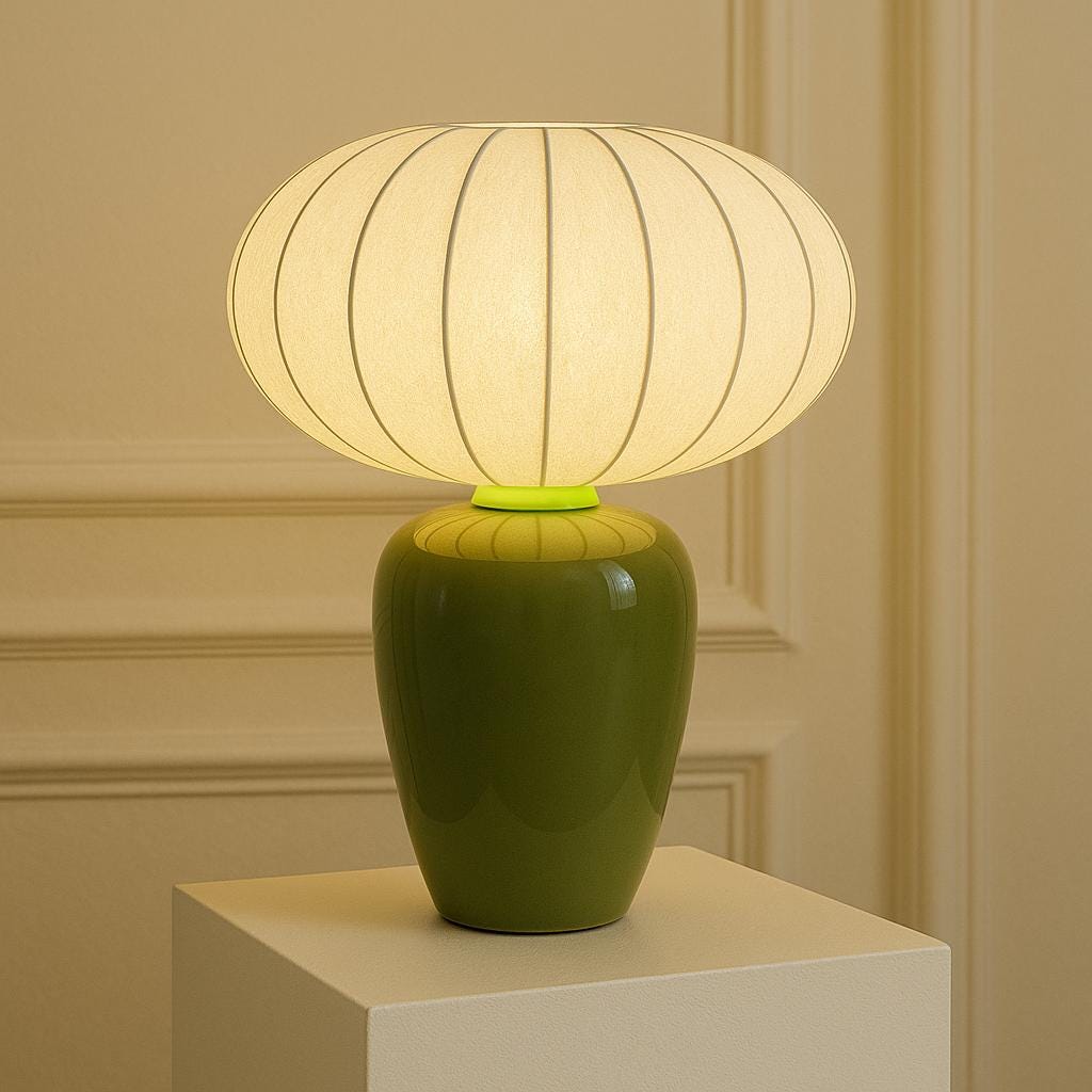 White French designer table lamp with lustrous ceramic finish on nightstand
