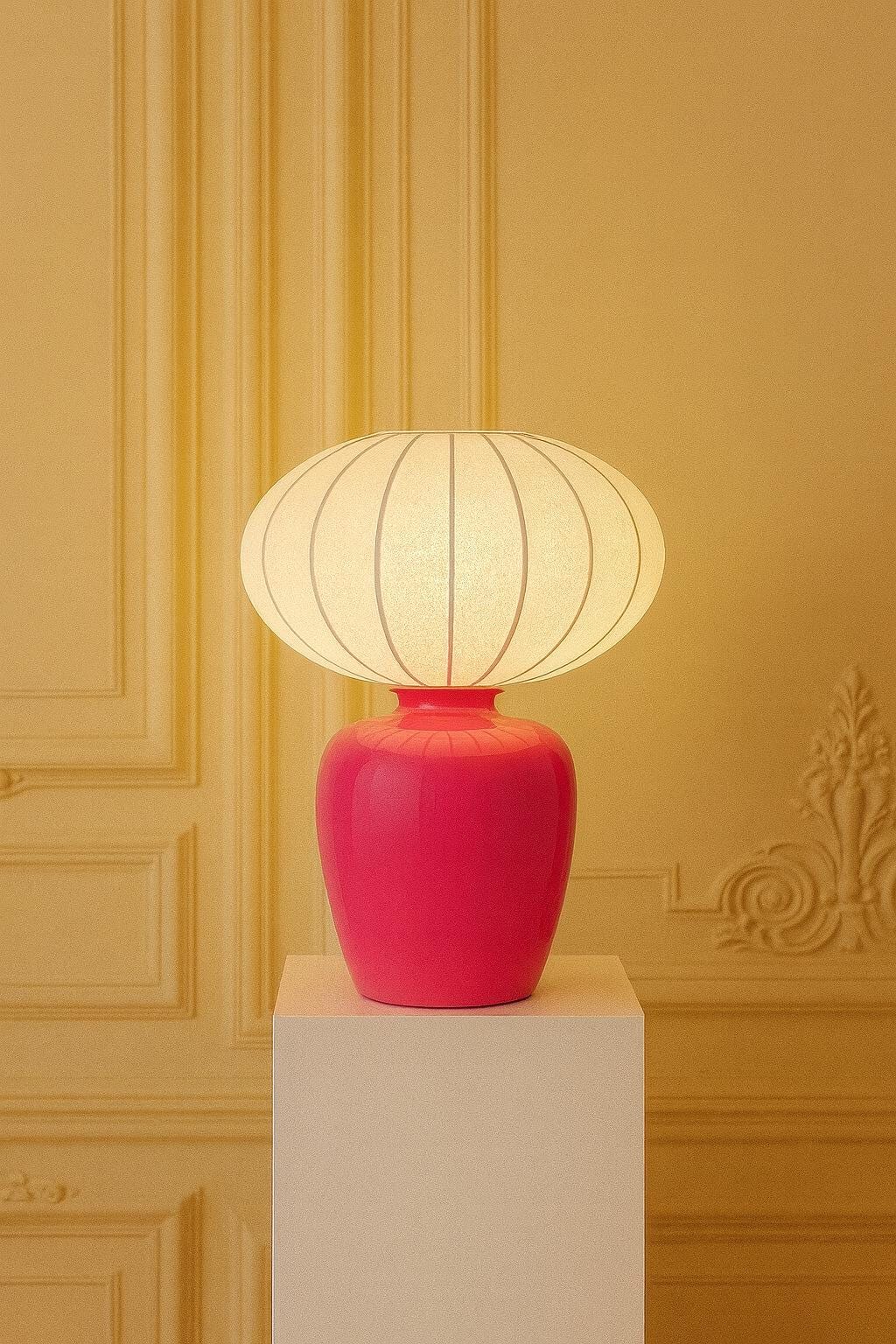 Minimalist ceramic table lamp with fabric shade on contemporary desk setup