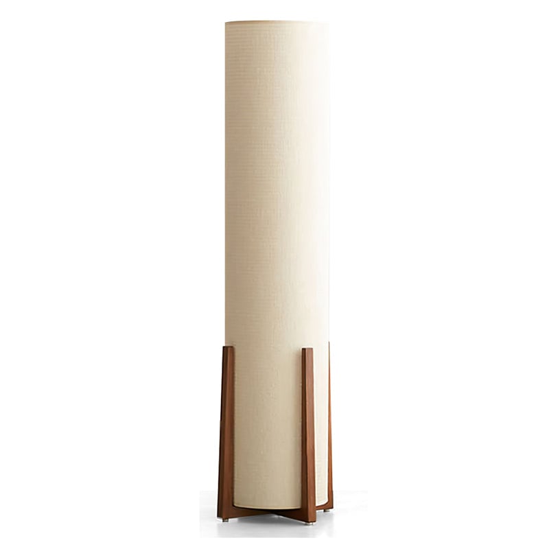 Handcrafted fabric floor lamp showing wooden frame and natural finish