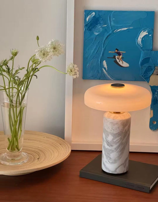 Lumina marble designer table lamp with cylindrical base in modern interior