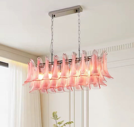 Pink murano glass chandelier with handcrafted petals in modern dining room