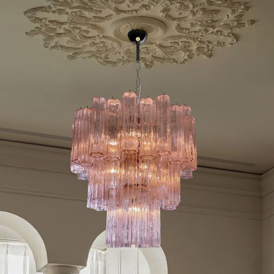 Pink murano glass chandelier with cascading layers in elegant dining room