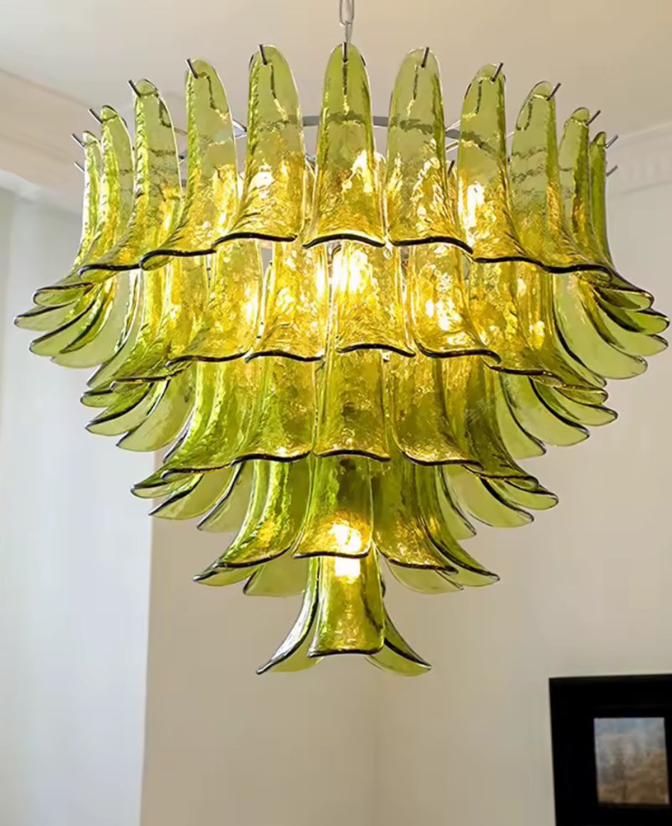 Close-up emerald glass layers in authentic italian glass lamp design