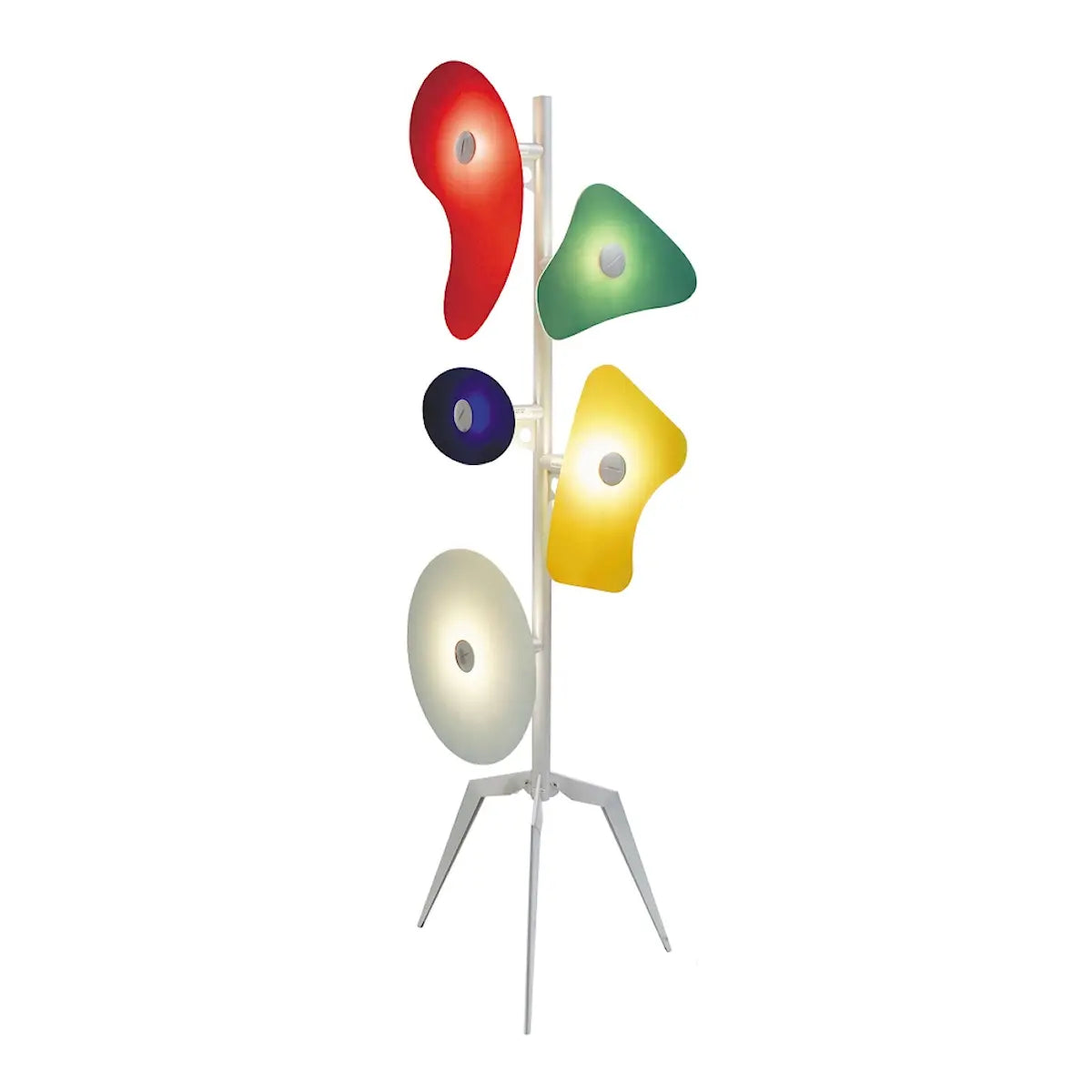 Modern floor lamp with multicolored glass panels creating ambient lighting effects