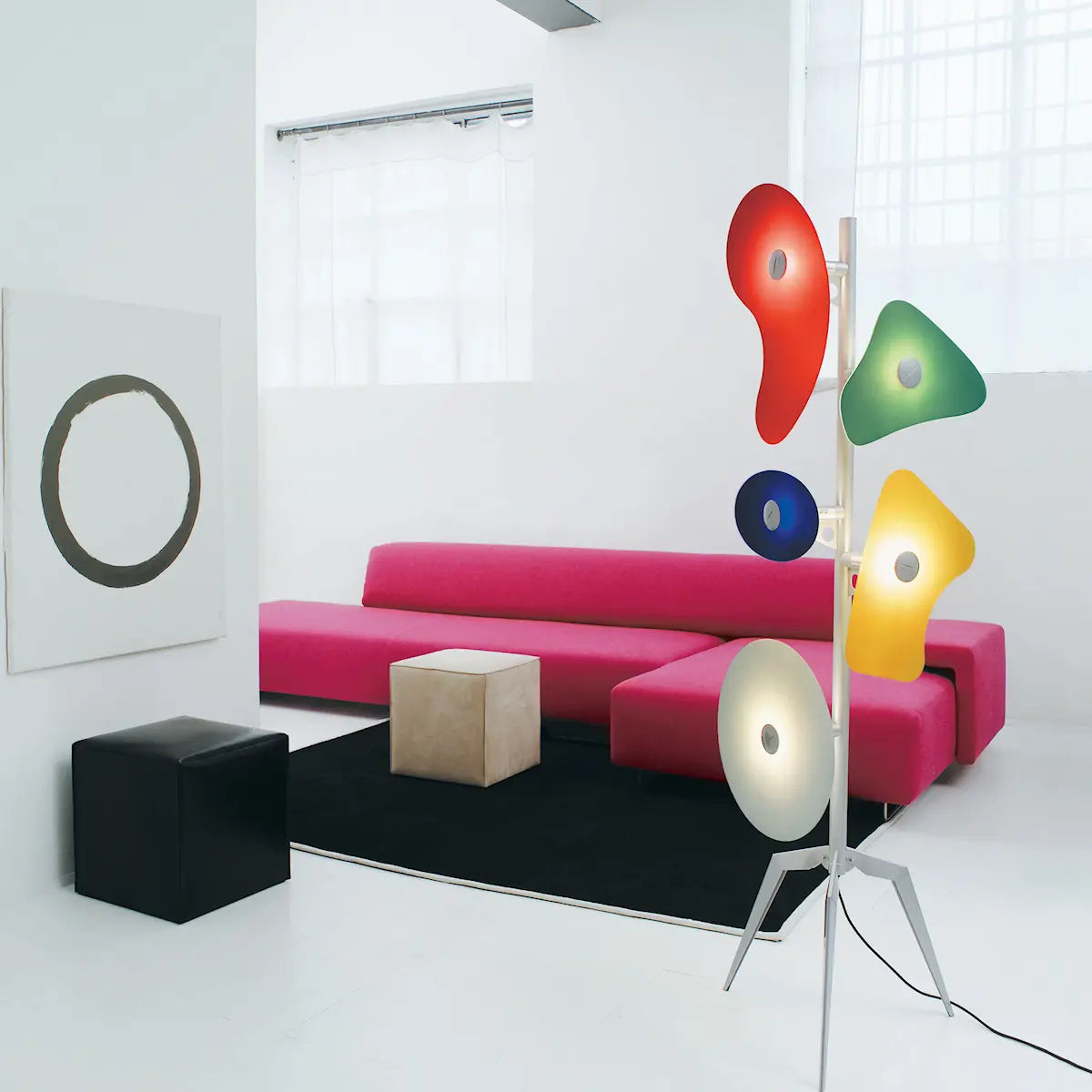 Designer floor lamp featuring geometric glass elements and metal frame 170cm tall