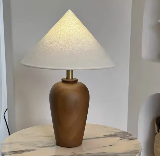Wabi sabi walnut mid century table lamp with natural wood grain Danish design