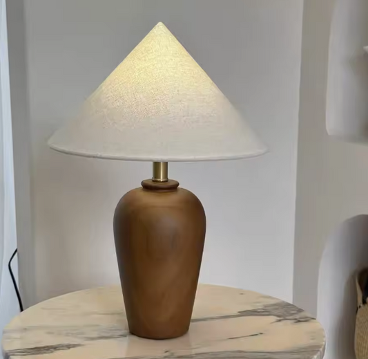 Wabi sabi walnut mid century table lamp with natural wood grain Danish design