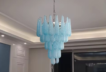 Multi-layered blue murano chandelier cascade showing exceptional depth design
