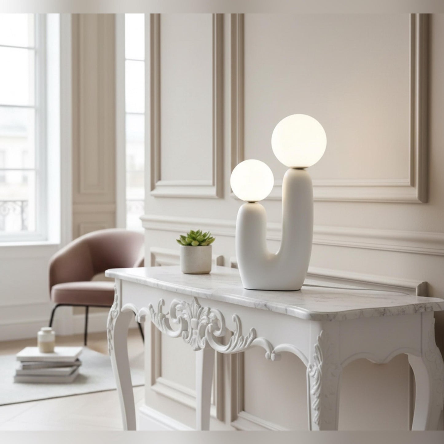 Elegant ceramic curve lamp illuminated in sophisticated living space