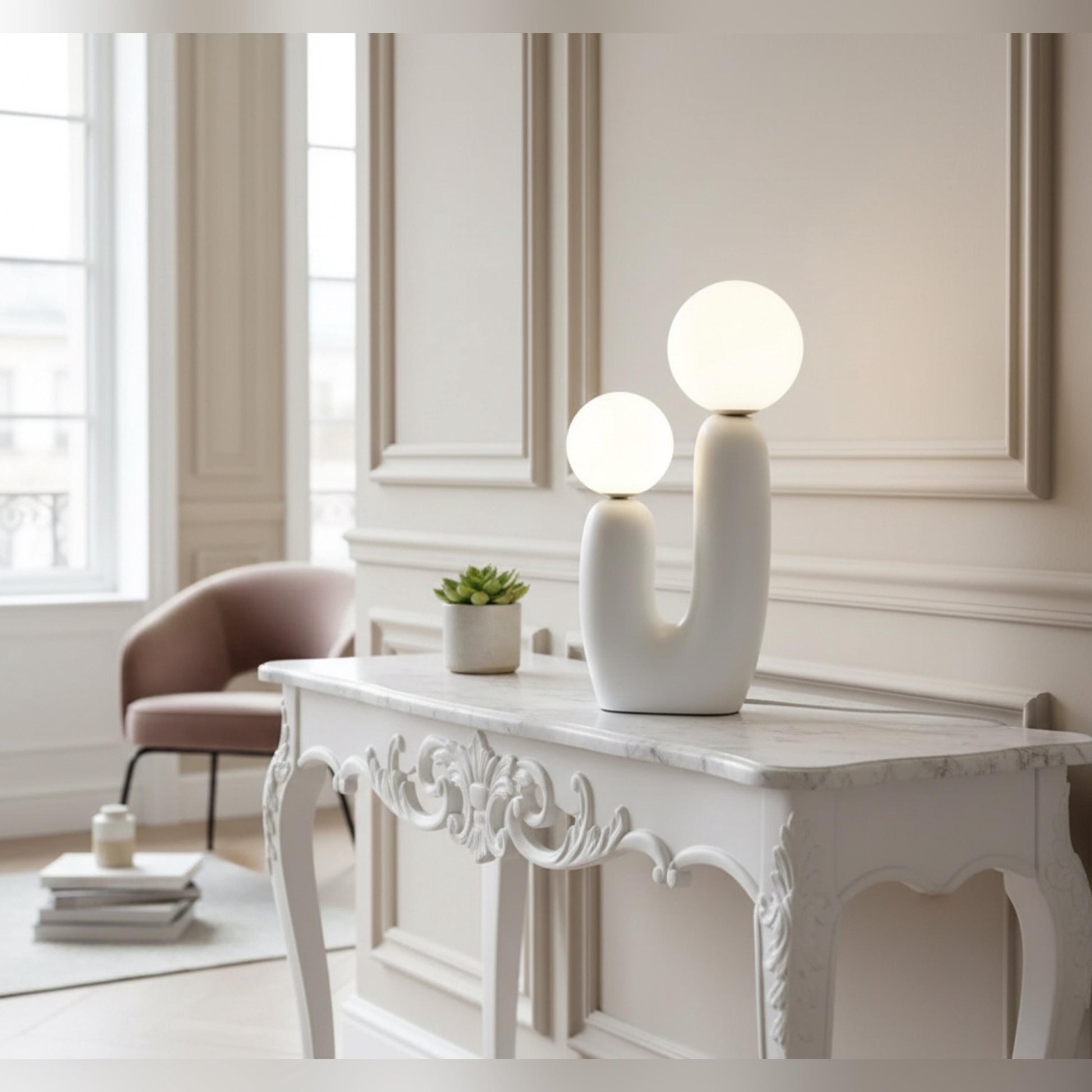 Elegant ceramic curve lamp illuminated in sophisticated living space