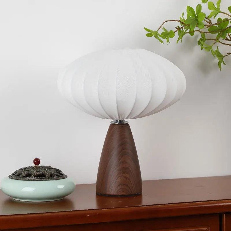 Handcrafted brown wood base detail on French mushroom table lamp