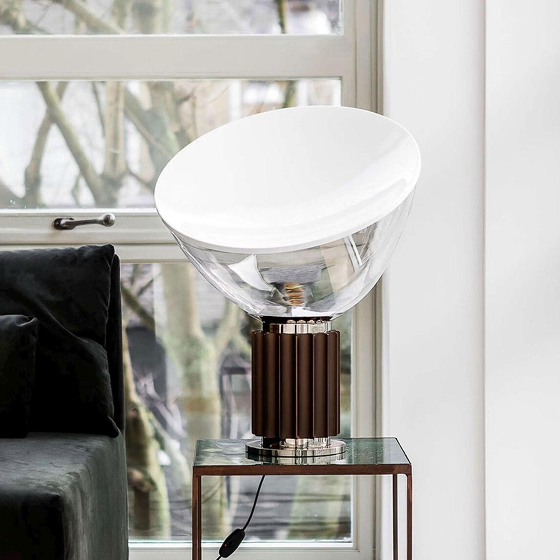 Sculptural mid century table lamp with mushroom shade in contemporary space