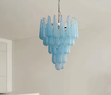Blue murano chandelier with cascading italian glass drops in modern interior